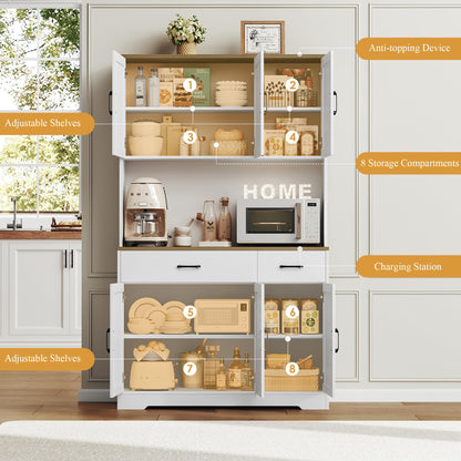 HOSTACK 71" Pantry Cabinet with Charging Station, Tall Kitchen Pantry Storage Cabinet with Microwave Stand, Farmhouse Kitchen Hutch with Storage Drawers for Living Room, Dining Room, White