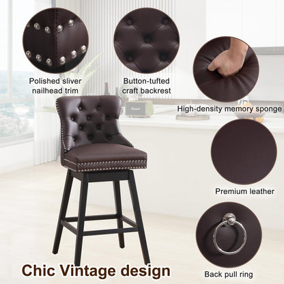 Fahomiss Brown Leather Swivel Bar Stools Set of 4 with Back, 26 Inch Counter Height Chairs, Solid Wood Legs, Tufted Seat, Comfortable and Stylish for Kitchen, Island, Home Bar（Brown, 4 Pack, 26" H）