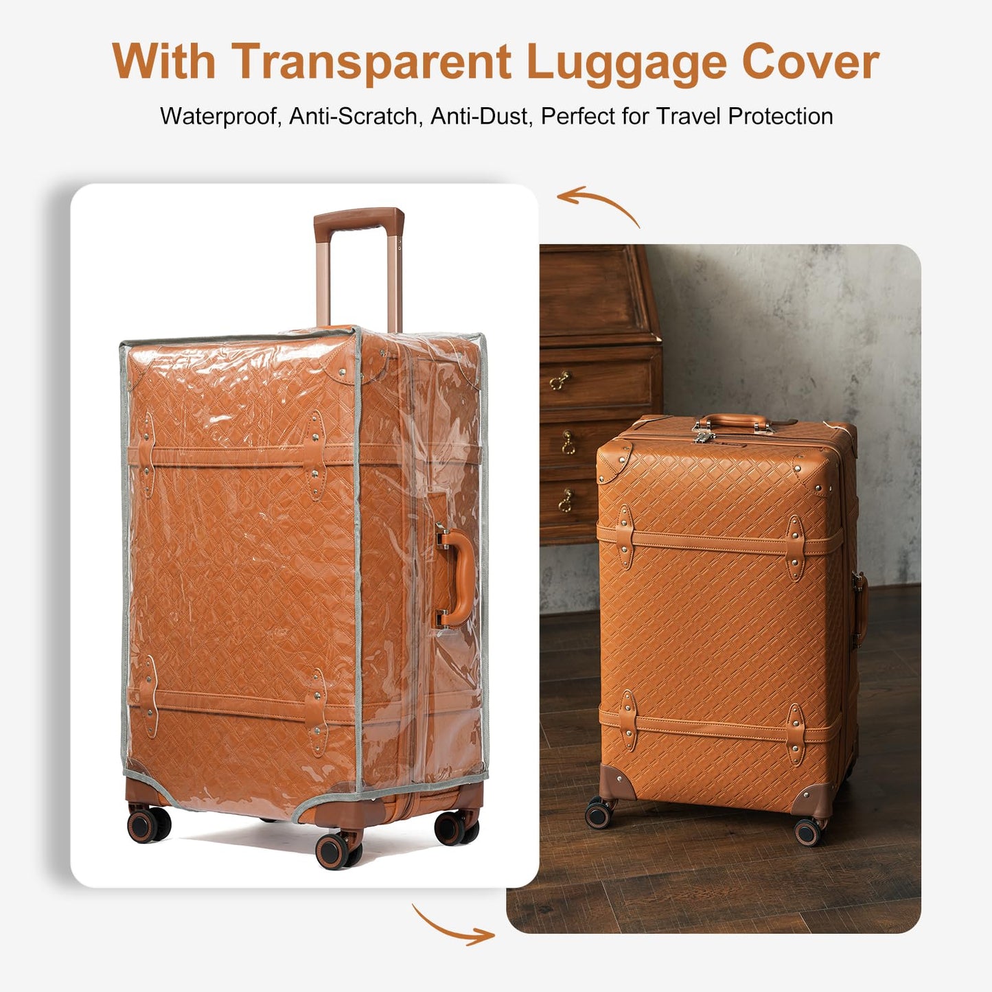 NZBZ Vintage Luggage set Carry on Cute Suitcase with Rolling Spinner Wheels TSA Lock Luggage 3 Pieces (Cognac Brown, 20inch & 24inch & 28inch)