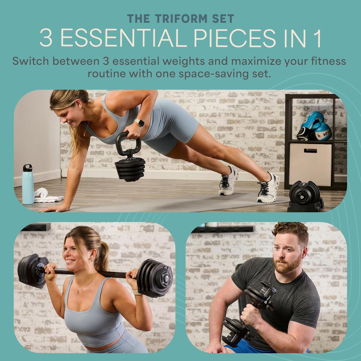 LifePro Adjustable Dumbbell Set, 3-in-1 Triform Barbell Kettlebell Weight Set — 2 to 43 lbs Turn-Dial Quick Adjust Weights for Home Gym, Compact Hand Weights for Women and Men