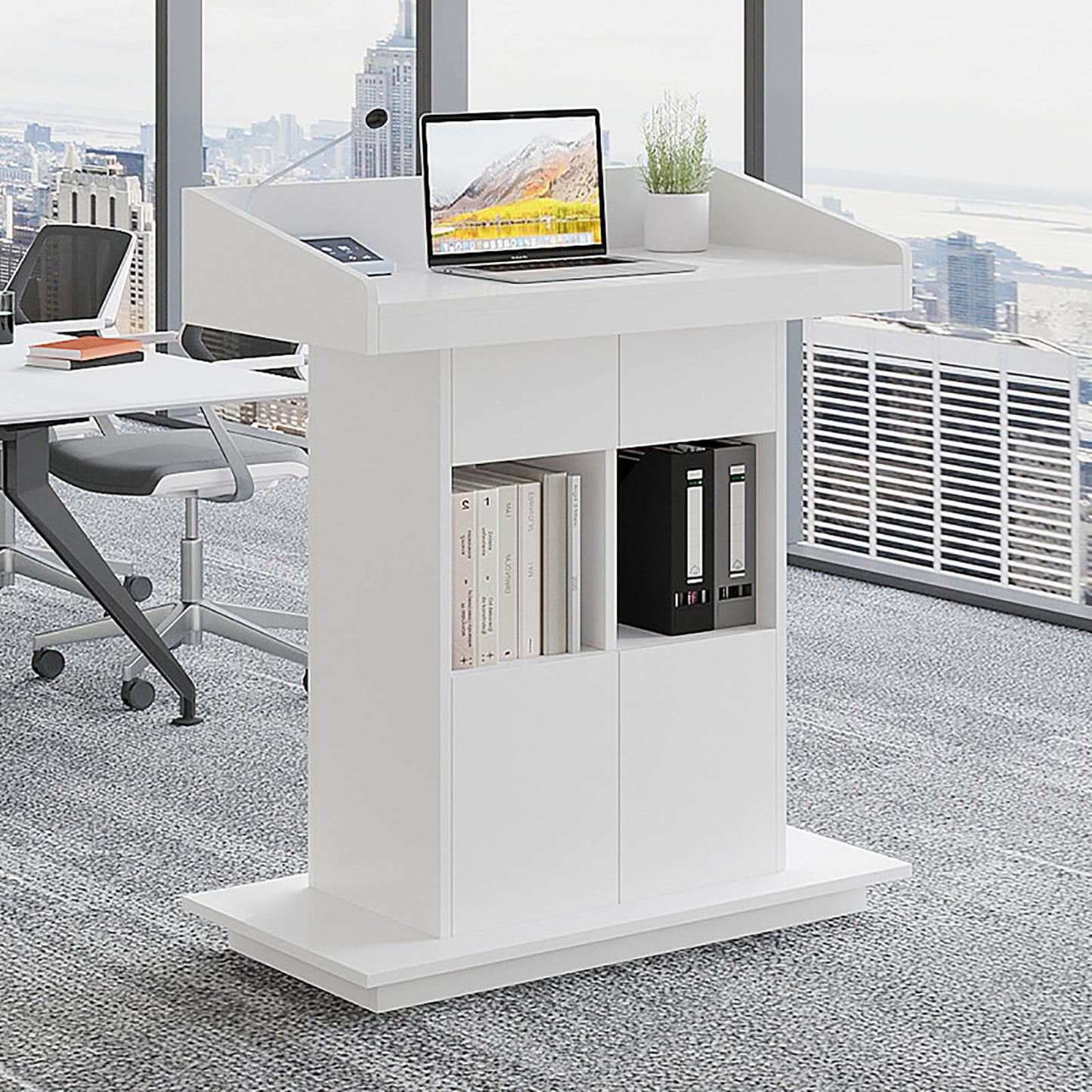 Lectern Solid Wood Podiums Floor Standing Podiums Rolling Podium with Wheel Church Podium and Pulpits Mobile Speaking Lectern with Wire Holes and Storage (White, 39.4″×19.68″×44″)
