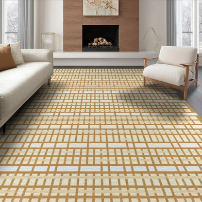 ODIKA 8'x10' Washable Geometric Grid Large Rug, Brown Non-Shedding Pet Friendly Carpet for King Size Bedroom, Master Suite, Under Bed, Foldable Easy Care Mat | Ref:2140365