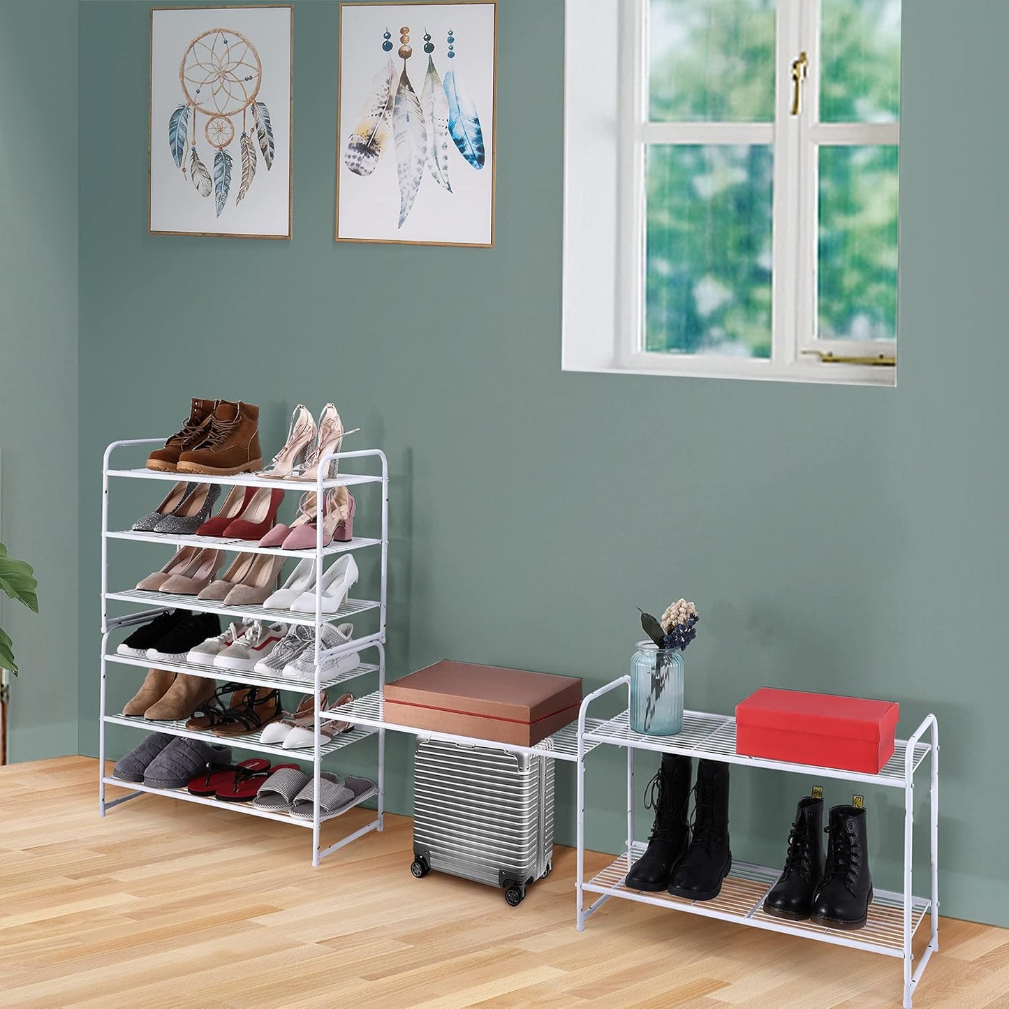3-Tier Simple Trending Stackable Shoe Rack, Expandable & Adjustable Shoe Shelf Storage Organizer, Wire Grid, White