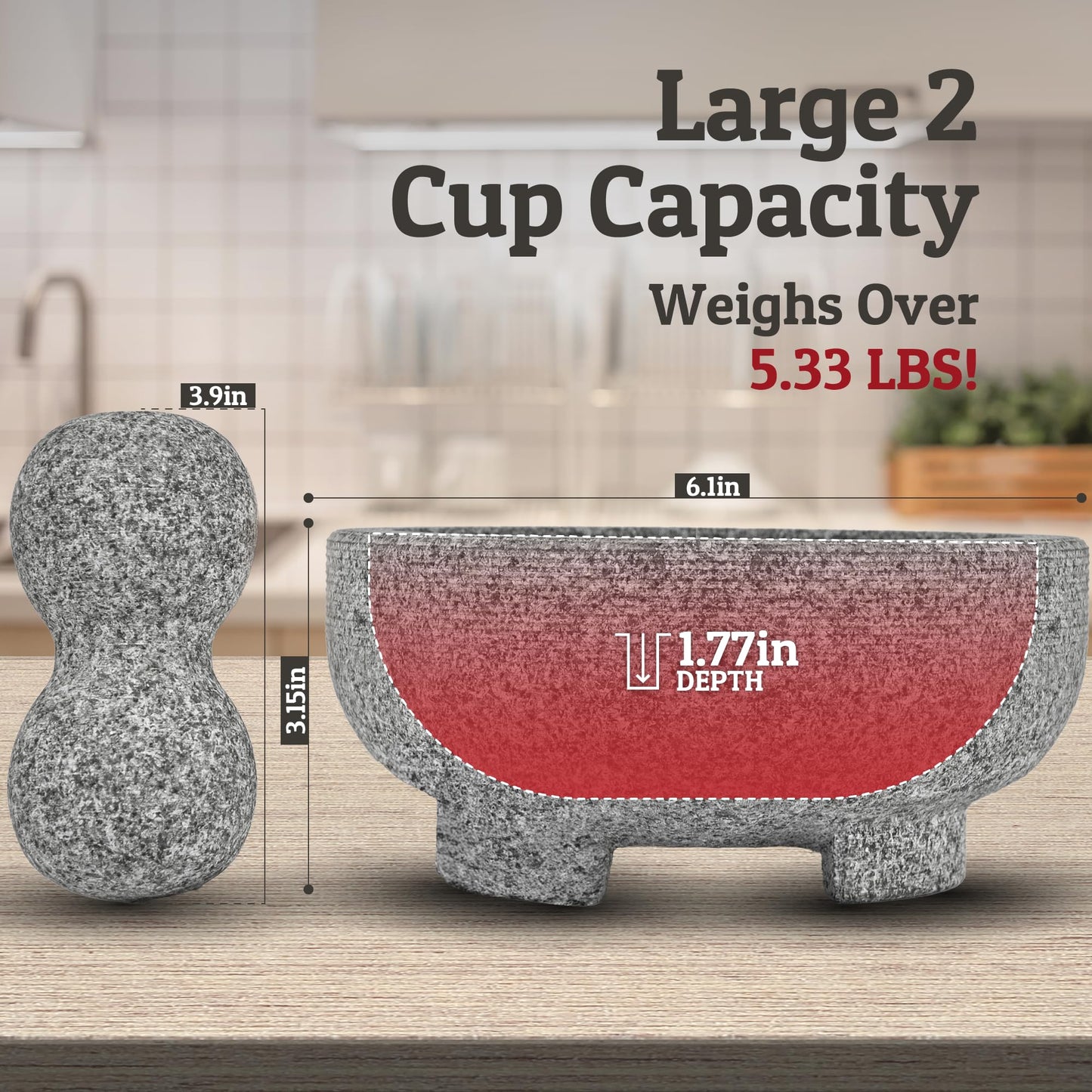 PriorityChef Granite Mortar and Pestle Set - 6.1 Inch Natural Stone Molcajete Mexicano for Spices, Seasonings, Pastes - Pestle and Mortar Bowl for Fresh Guacamole, Salsa, Pesto, Small, Grey