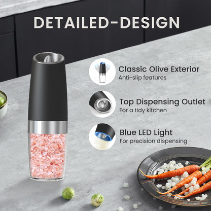 BELRIGO Battery Operated Salt And Pepper Grinder Set with LED Light, Automatic Electric Gravity Salt And Pepper Shakers Set, Each 6 AAA Batteries Needed, Adjustable Roughness, 2 Pack (Black)