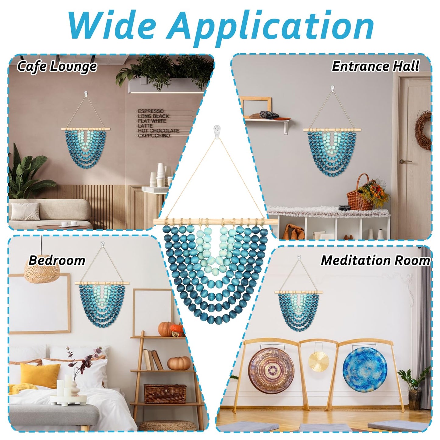 Boho Chic Wooden Bead Garland Wall Hanging Tapestry, Handcrafted Home Décor Inspired by Nature, Suitable for Living Room, Bedroom, Entryway, Nursery, Apartment & Dorm (Coastal Breeze Ombre, 12 inches)