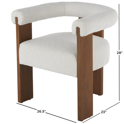Deco 79 Polyester Living Room Accent Chair Curved Back Mid Century Modern Round Boucle Side Chair with Brown Wood Frame, Corner Chair 27" x 23" x 28", Cream