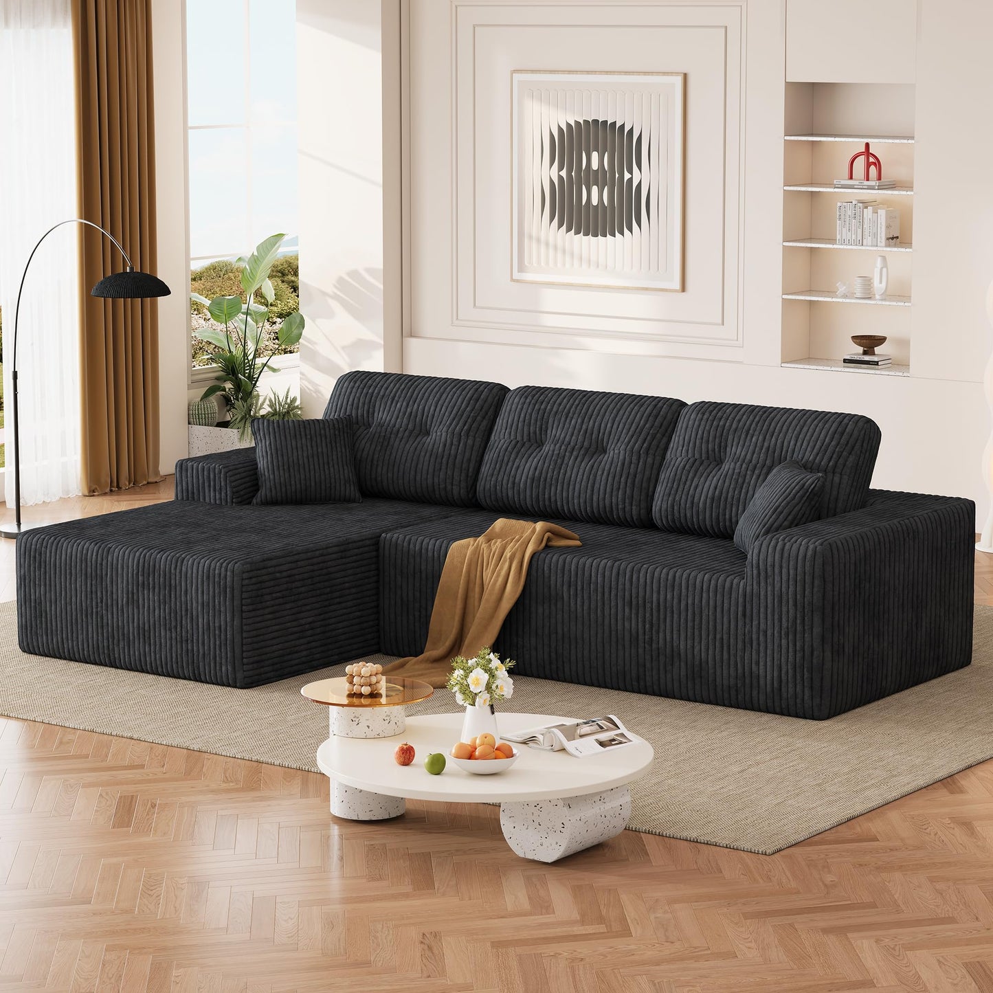 Ball & Cast 106" Boneless Sectional Sofa, Corduroy Modular L Shaped Couch with Deep Seat Chaise, Cloud Style Oversized Sofa for Living Room, No Assembly, Left Facing, Grey
