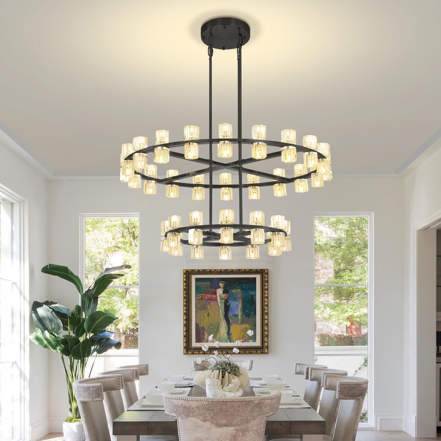 Shial Lighting D32''+D40'' Large Black Wagon Wheel Chandelier 72-Lights Black Round Chandeliers Glass Chandeliers for Dining Room,Living Room Vintage Chandelier