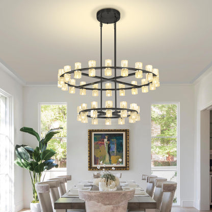 Shial Lighting D32''+D40'' Large Black Wagon Wheel Chandelier 72-Lights Black Round Chandeliers Glass Chandeliers for Dining Room,Living Room Vintage Chandelier