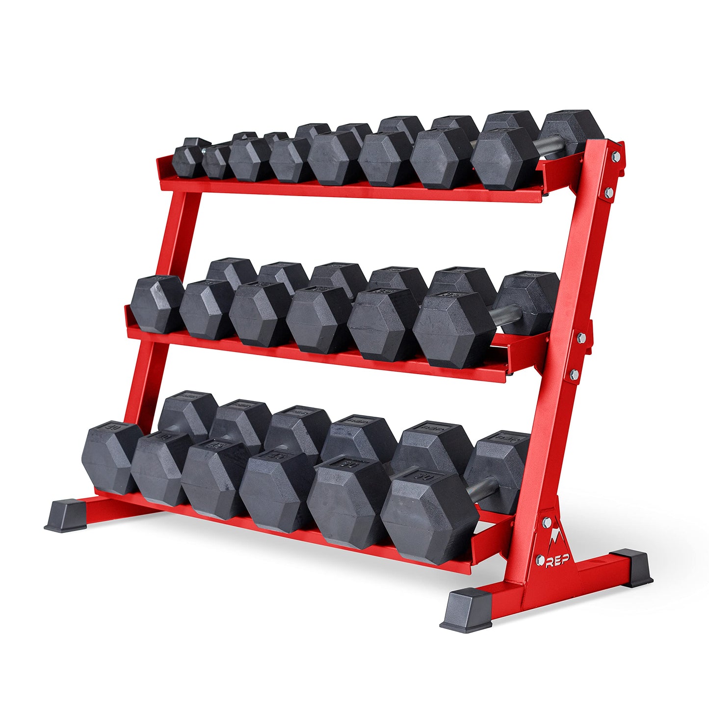 REP Fitness Rubber Hex Dumbbells, Includes Red Rack, 5–50 lb Weight Pairs, Heavy-Duty Sets, Textured Handles, Bundled Package for Men & Women, Home Gym Strength Training, Lifting and Muscle Growth