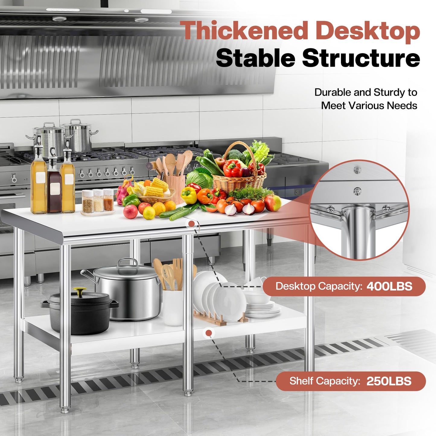 Jocisland 30" x 60" Stainless Steel Table for Prep & Work, Food-Grade Stainless Steel Adjustable Under Shelf and Feet, for Commercial Kitchen, Restaurant, Hotel, Garage