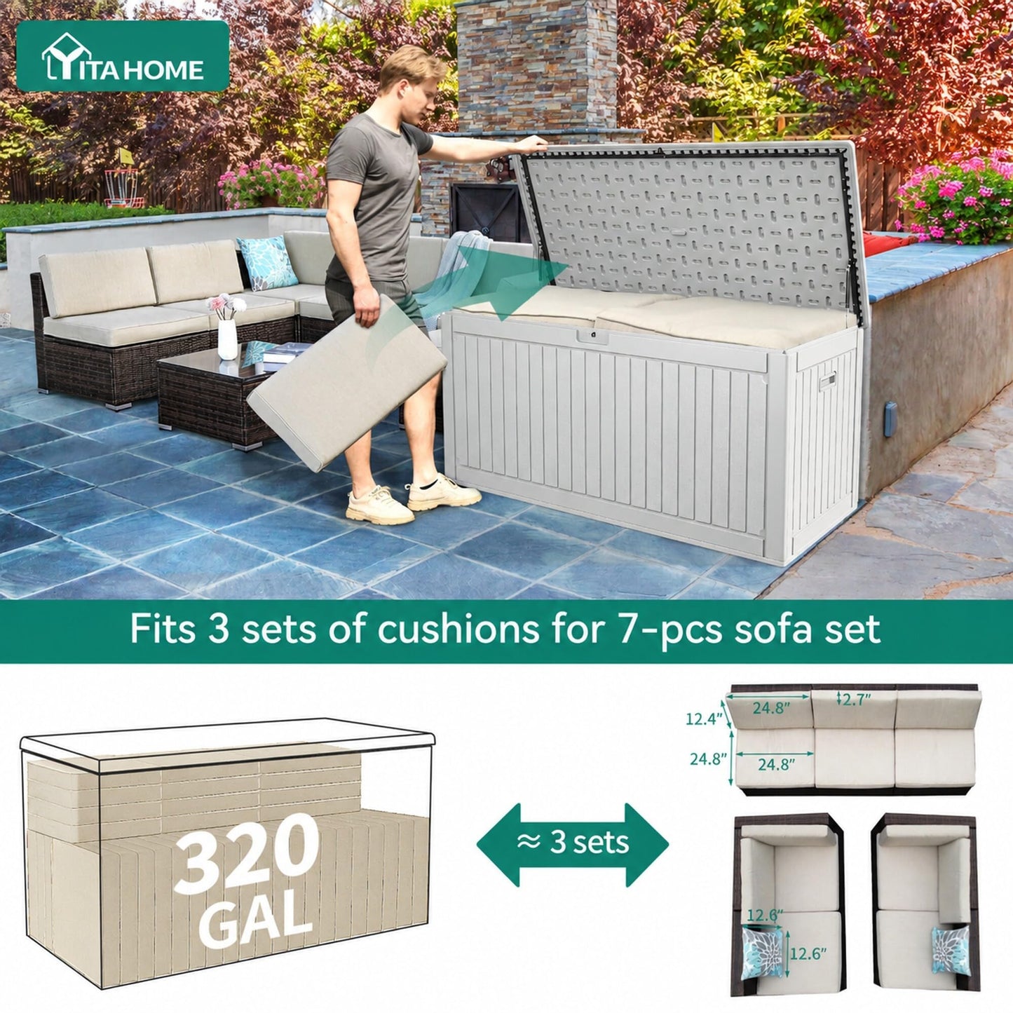 YITAHOME 320 Gallon Double-Wall Deck Box with Divider & Side Handles, Outdoor Large Storage for Patio Furniture Cushions, Garden Pool Accessories, Water Resistant & Lockable