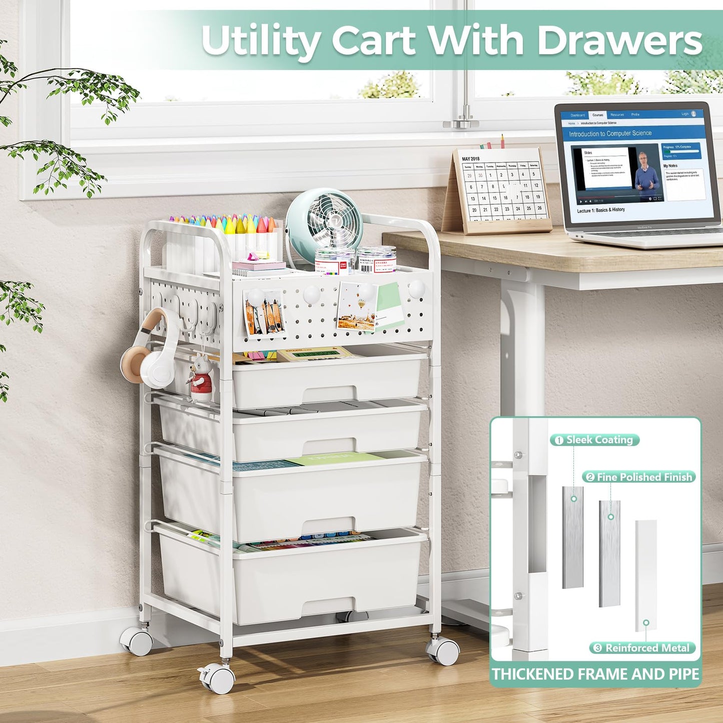 SYKIARIOL 4 Drawer Rolling Storage Cart with Pegboard Top and Hooks, Mobile Organizer Cart with Wheels for Office Supplies, Craft Storage, Classroom Organization, Home Utility Cart, White