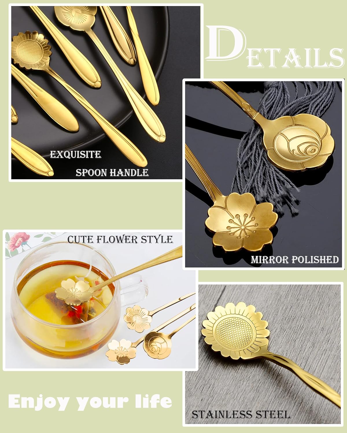 ESRISE 16 Pcs Stainless Steel Cute Tea Spoons, Gold Coffee Spoon for Tea Party Decorations