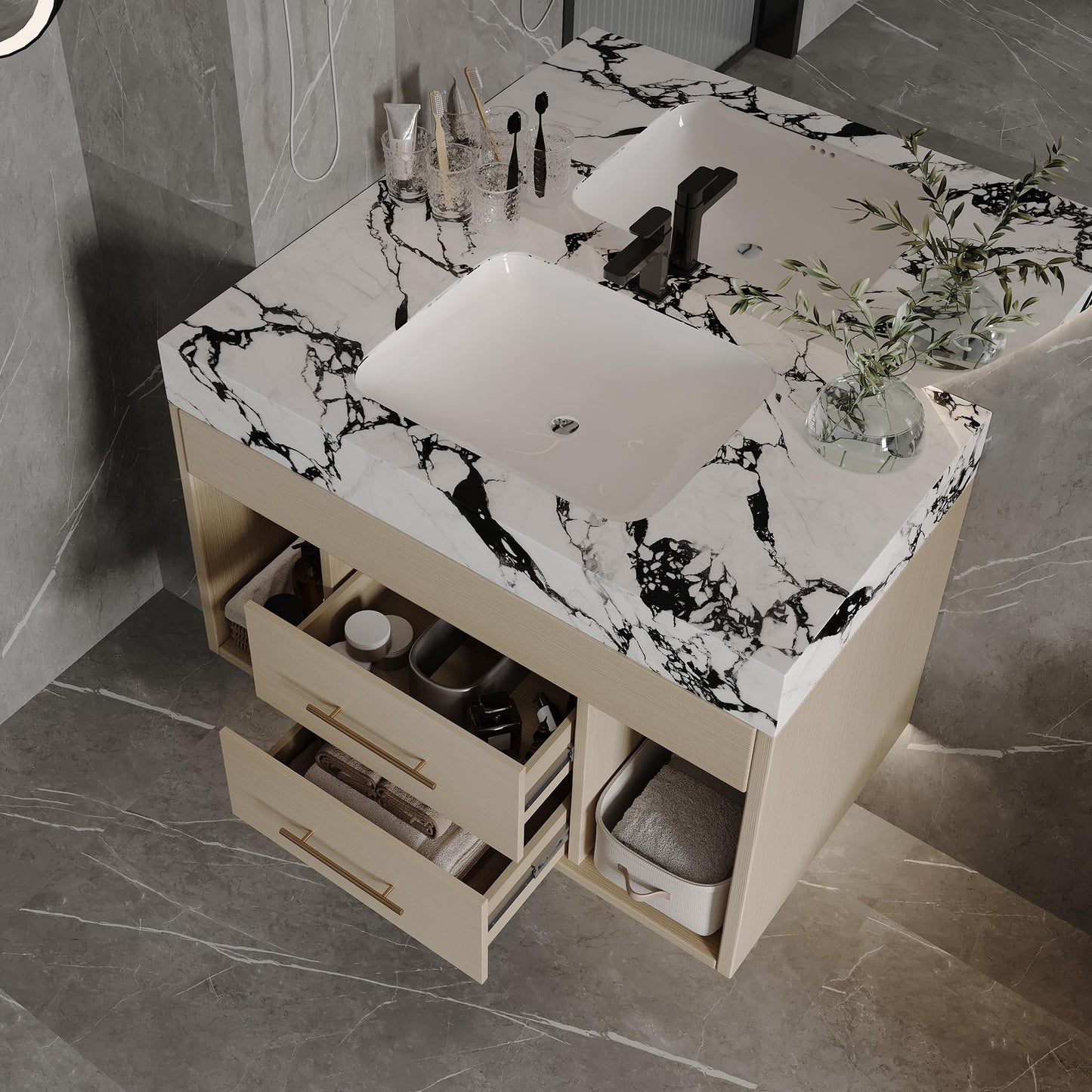 KEIKI 29.9" Bathroom Vanity with Undermount Sink Combo, Modern Floating Vanity Cabinet with 2 Drawers & Open Side Shelves, Storage Wall Mounted Cabinet for Small Space, Apricot‌ Marbe