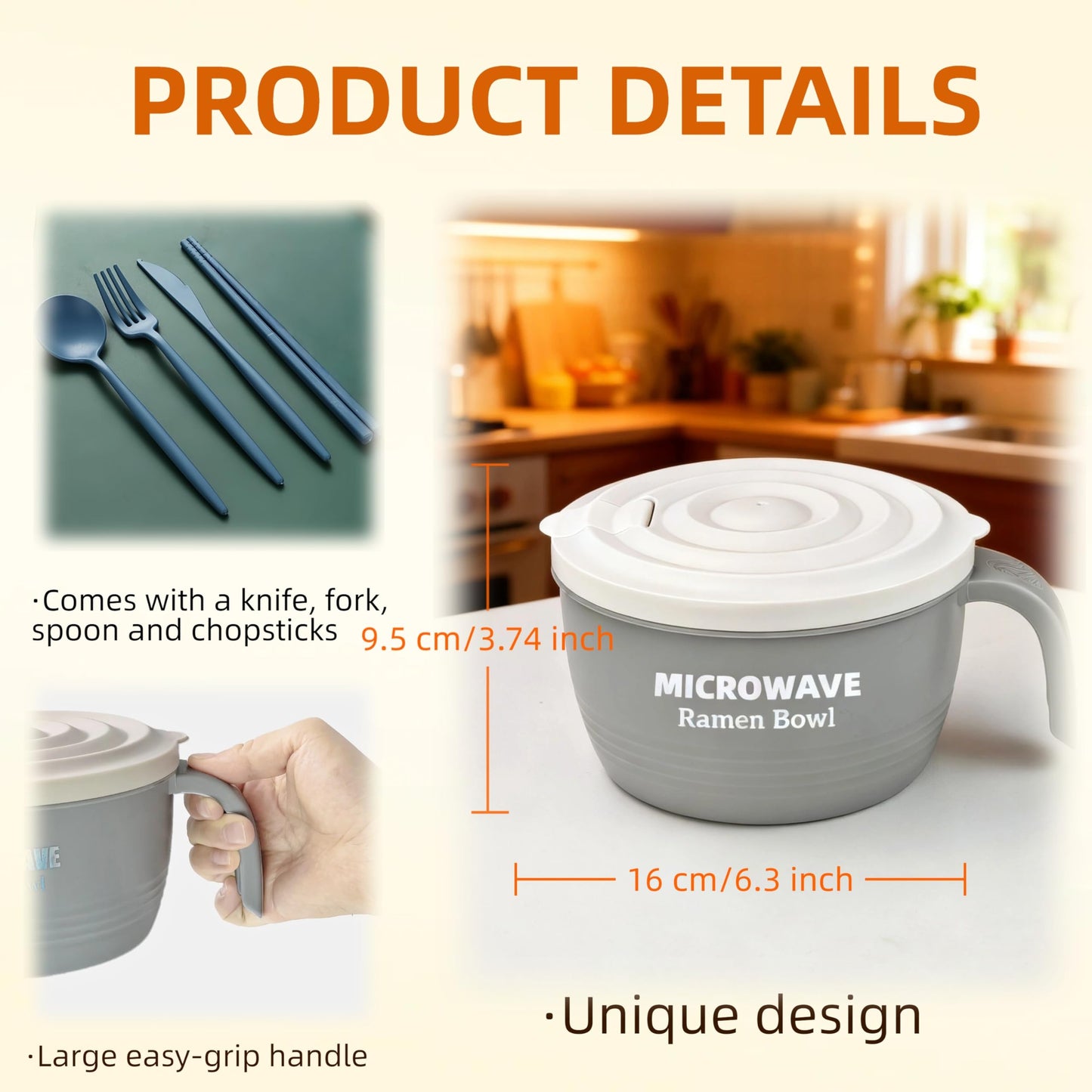 Layron Ramen Cooker Bowl - 45 oz Microwaveable Noodle Bowl Ramen in few Minutes- BPA Free and Dishwasher Safe Set with Chopsticks Perfect for Dorm, Small Kitchen, or Officee (grey)
