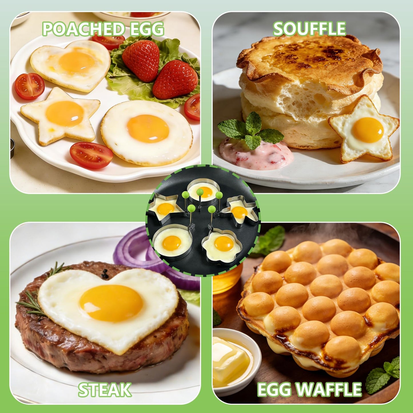 Slomg 8pcs Set Fried Egg Rings Molds Non Stick for Griddle Pan, Egg Shaper Pancake Maker with Handle, Stainless Steel Egg Form for Frying Cooking