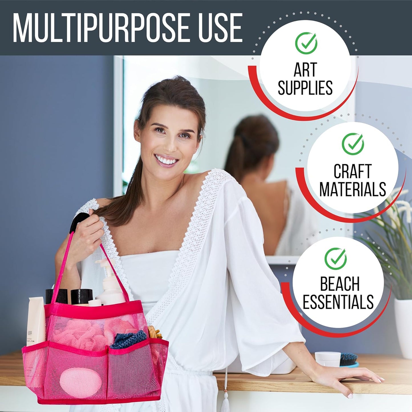 Masirs Mesh Shower Caddy Bag, Large Collapsible Portable Bathroom Organizer for Travel, Gym, & Dorm - 9 Pocket (Pink)