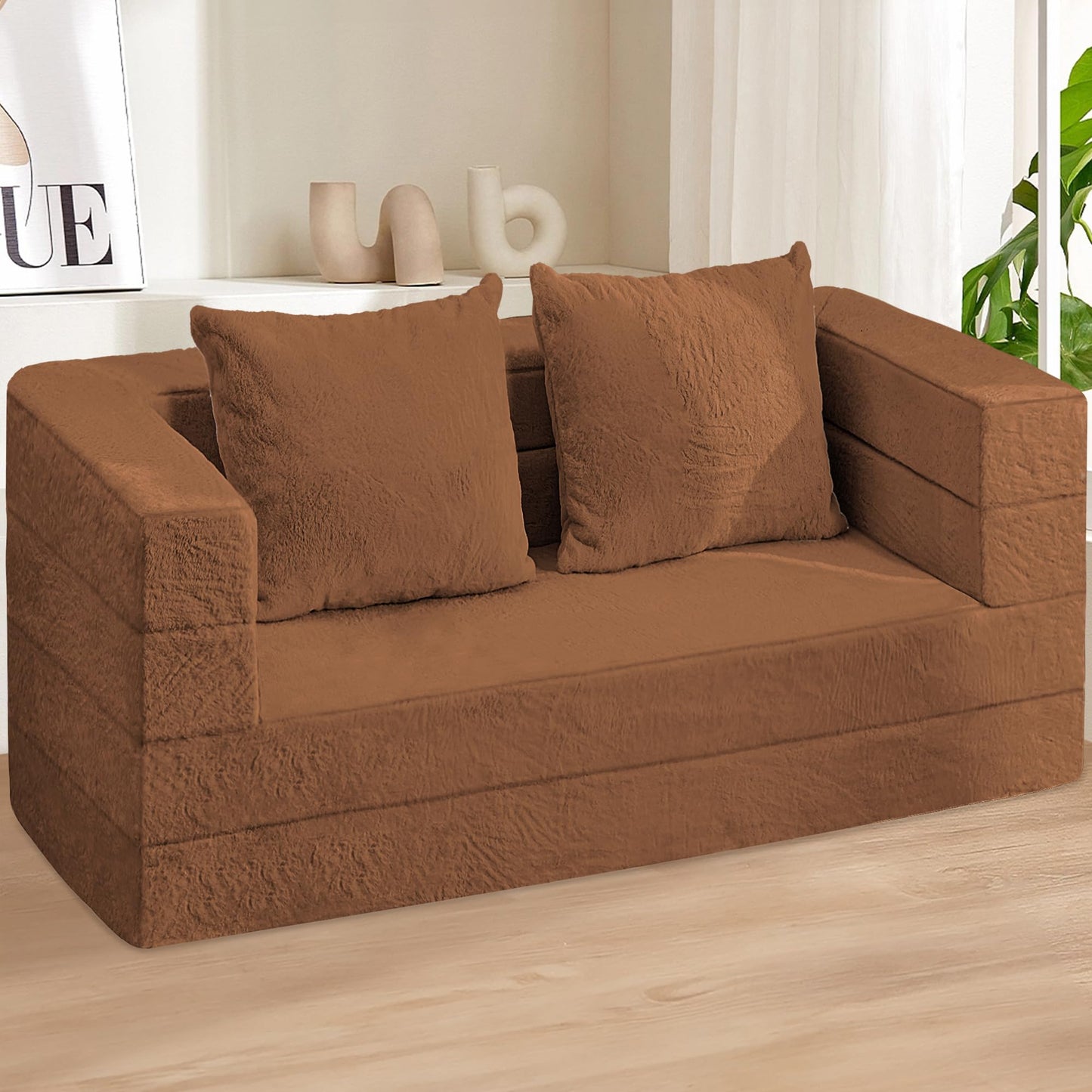 Cansunna Folding Bean Bag Chair for Adults,3-in-1 Bean Bag Couch Faux Fur Floor Sofa Large Beanbag Convertible Bean Bag Sofa Bed with Pillow in Bedroom,Living Room,Apartment(Queen,Caramel)