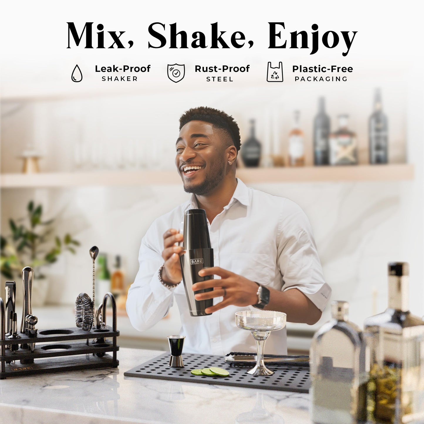 BARE BARREL® Mixology Bartender Kit Bar Set | 14-Piece Cocktail Shaker Set | Martini Barware Mixing Tools for Home Bartending | 35 Recipe Cards | Gift Set (28oz Boston Shaker, Jet Black/Black)