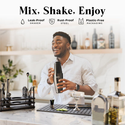 BARE BARREL® Mixology Bartender Kit Bar Set | 14-Piece Cocktail Shaker Set | Martini Barware Mixing Tools for Home Bartending | 35 Recipe Cards | Gift Set (28oz Boston Shaker, Jet Black/Black)