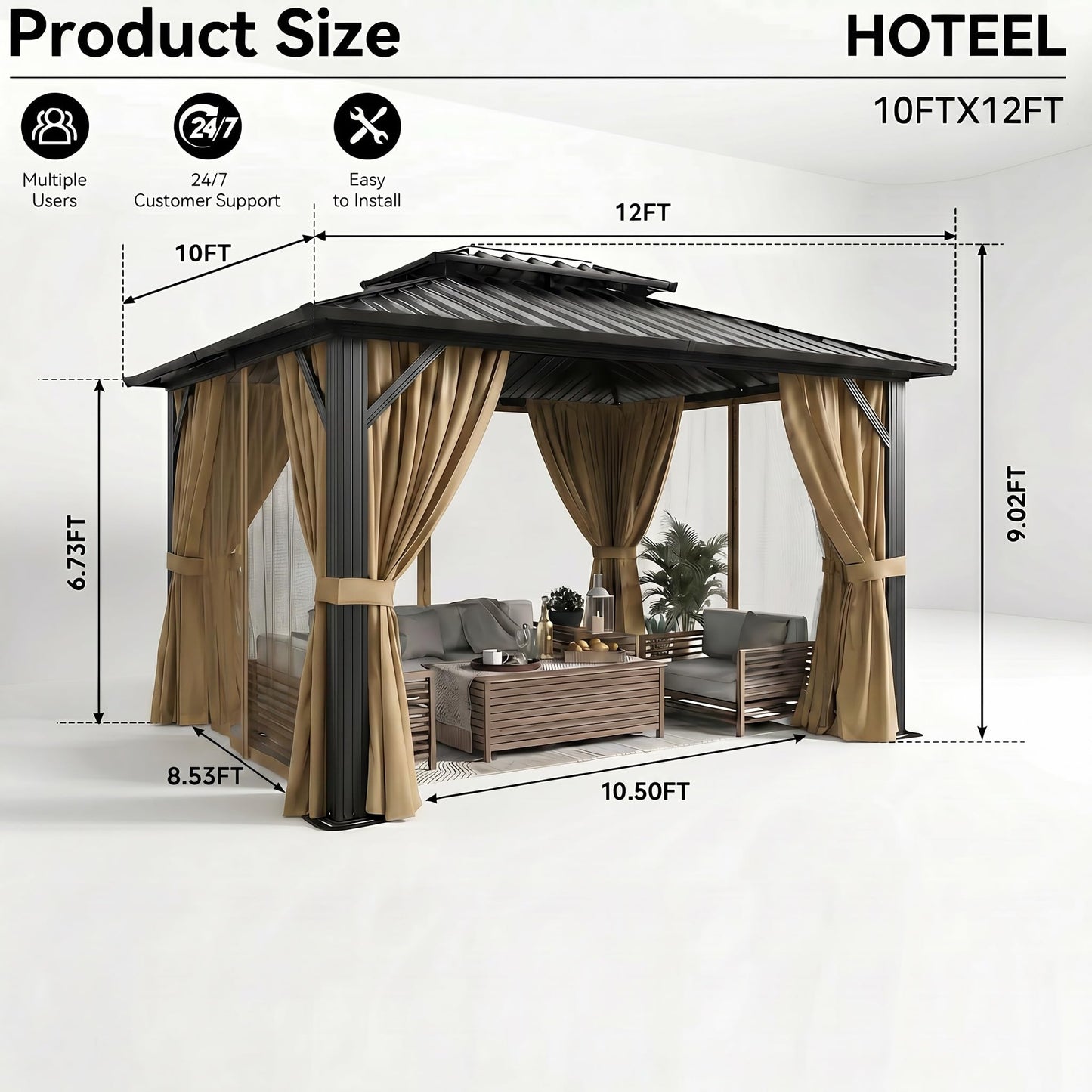 HOTEEL 10x12 Hardtop Gazebo Hot Tub Gazebo with Flame-Retardant Curtain Netting, Heavy Duty Pavilion with Galvanized Steel Double Roof, Aluminum Frame Outdoor Canopy for Patio, Party