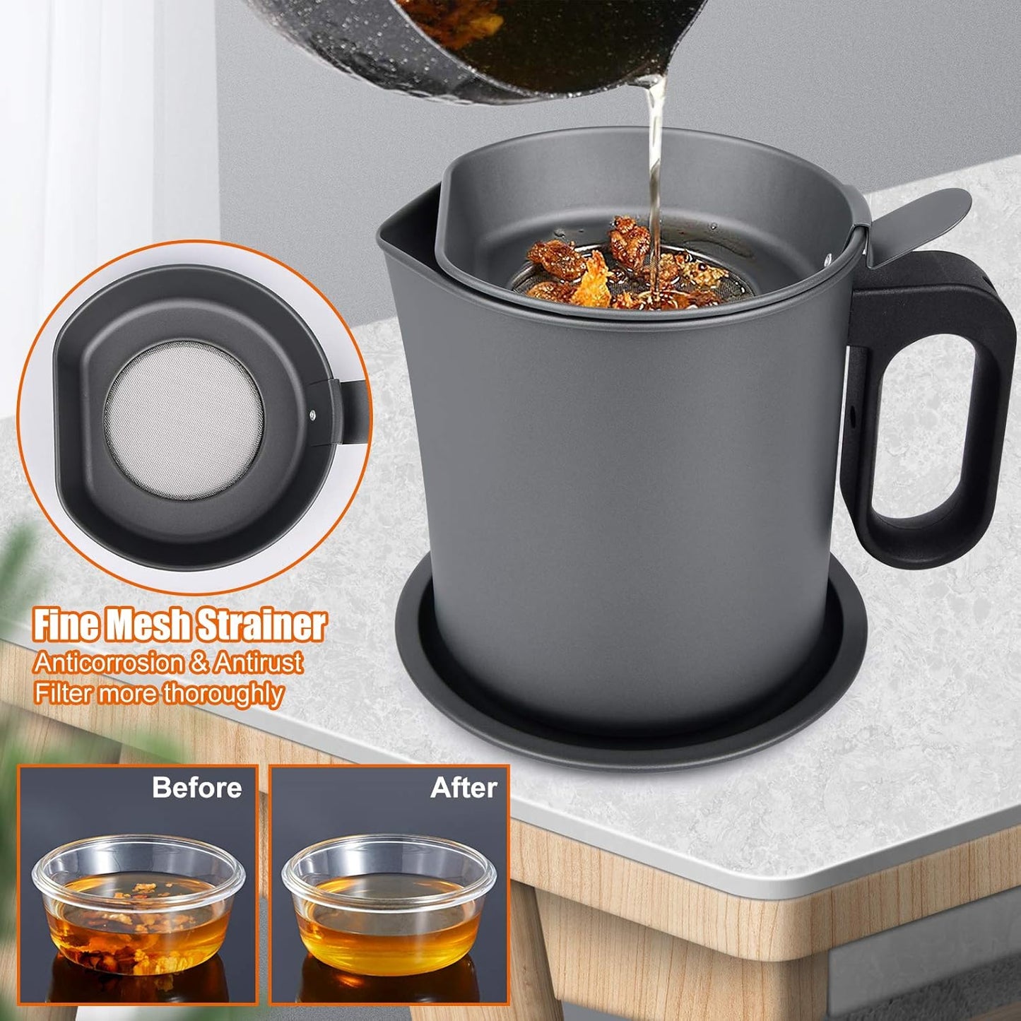 MORDEN MS Bacon Grease Container: 1.7L Grease Saver with Strainer, Iron Cooking Oil Can, Gray