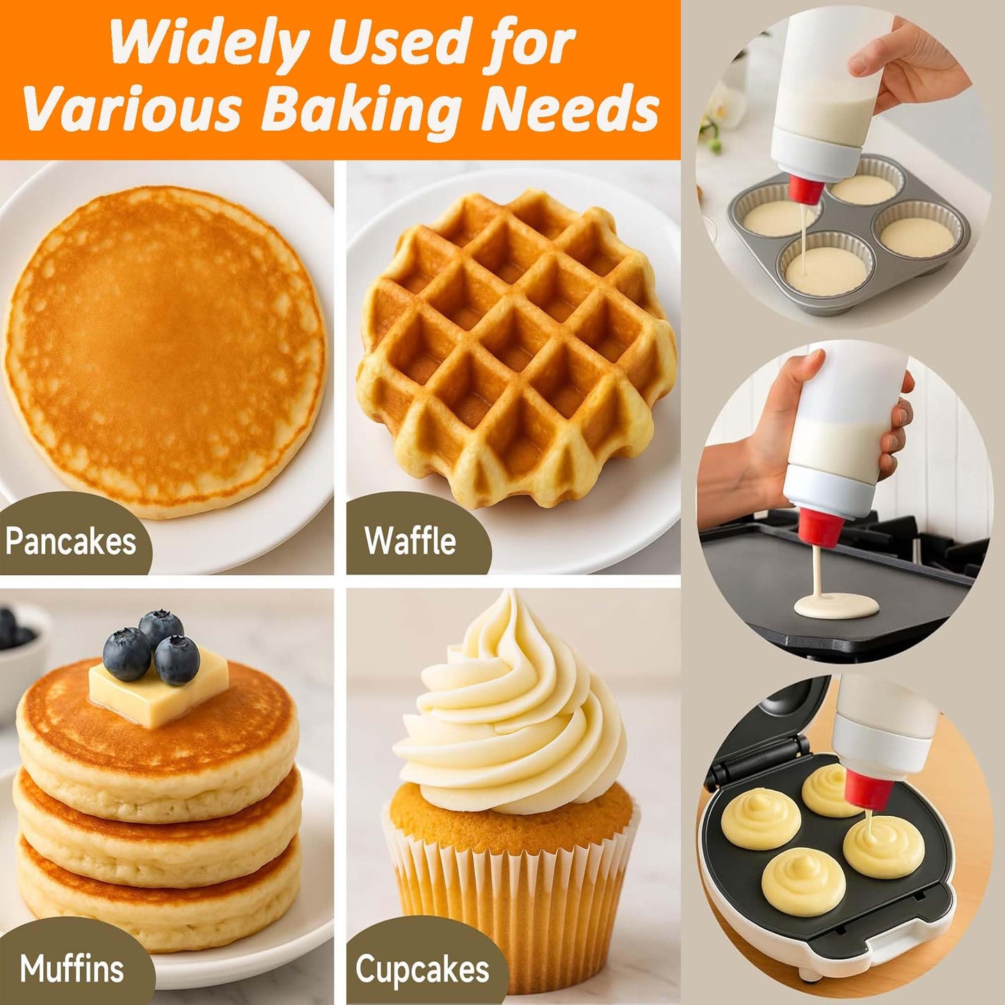 DelloidMaz 2 Pack Pancake Batter Mixer and Dispenser, Silicone Squeeze Bottle for Pancakes, Waffles, Crepes, Muffins, Qatayef, Cupcakes