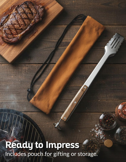 17-Inch Grill Tongs, Heavy Duty 304 Stainless Steel BBQ Tongs, Extra-Long Locking Grilling Tongs for Outdoor Grill & Smoker, Walnut Handle, Gift Pouch