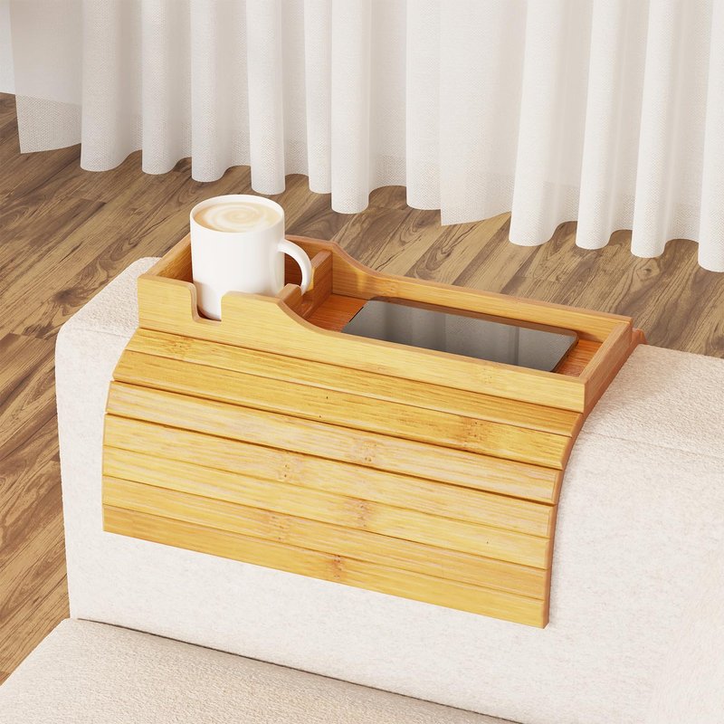 SpaceAid Bamboo Couch Cup Holder, Anti Falling Foldable Sofa Armrest Tray with Cup Holder, Couch Arm Side Table Organizer for Drink Cup Remote Snacks (Natural)