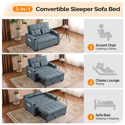 VINGLI Blue Grey Futon Sofa Bed Convertible Loveseat Sleeper Couch, Faux Leather Pullout Sofa Fold Out Couch Bed with USB Ports, Cup Holders, Armrest for Living Room, Bedroom Apartment Room