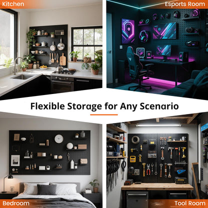 ENJOYWOOD Pegboard, 2 PCS 24"×16" Metal Peg Board Panels Black Modular Wall Organizer Kit with 30 Hooks, Dual-Size Hole Design for Home Tool Storage, Garage Organization, Kitchen, Office, Craft Room