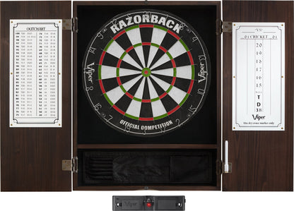 Viper Metropolitan Solid Wood Cabinet & Sisal/Bristle Dartboard Play-Ready Bundle: Elite Set (Razorback Dartboard, Darts and Laser Throw Line), Espresso Finish