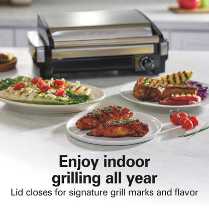 Hamilton Beach Electric Indoor Searing Grill with Adjustable Temperature Control to 450F, 118 sq. in. Surface Serves 6, PFAS-Free Removable Nonstick Grate, Stainless Steel (25360)