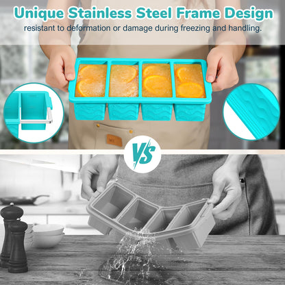 Silicone Freezer Trays with Lid (4-Pack), 1-Cup, 2-Cup, 1/2-Cup & 2-Tbsp Silicone Freezer Molds, Stackable Soup Freezer Meal Prep Containers,Ice Cube Tray for Making Sauce,Smoothies,Yogurt Bites