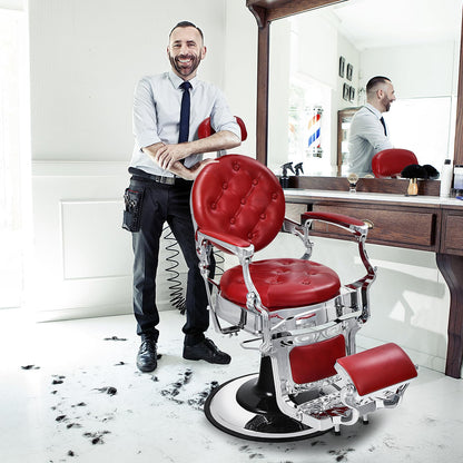 GLOBALWAY Vintage Barber Chair, Salon Chair, Hydraulic Recline Beauty Spa Styling Equipment W/Adjustable Height & Headrest, Rotated Foot Pedal, Hairdressing Tattoo Beauty Spa Equipment (Red)