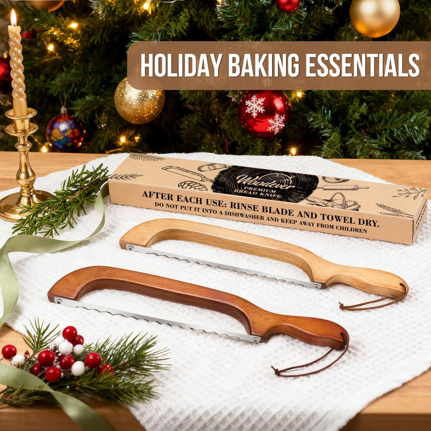 Woodever Bread Knife, 2 Pack Bread Slicer for Homemade Bread, 16'' Wooden Sourdough Bread Knife with Bow Design, Premium Stainless Steel Serrated Bread Cutter for Bagels and Baguettes (2 Pack)