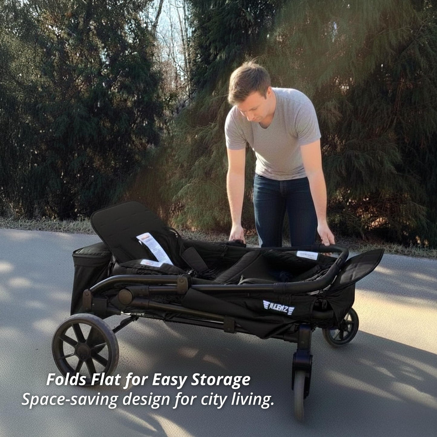 Keenz Viva 4-Passenger Compact Stroller Wagon for Kids with Foldable Frame, Push/Pull Handle, EVA Wheels, and Mosquito Net Canopy – Lightweight Wagon for Families, Black