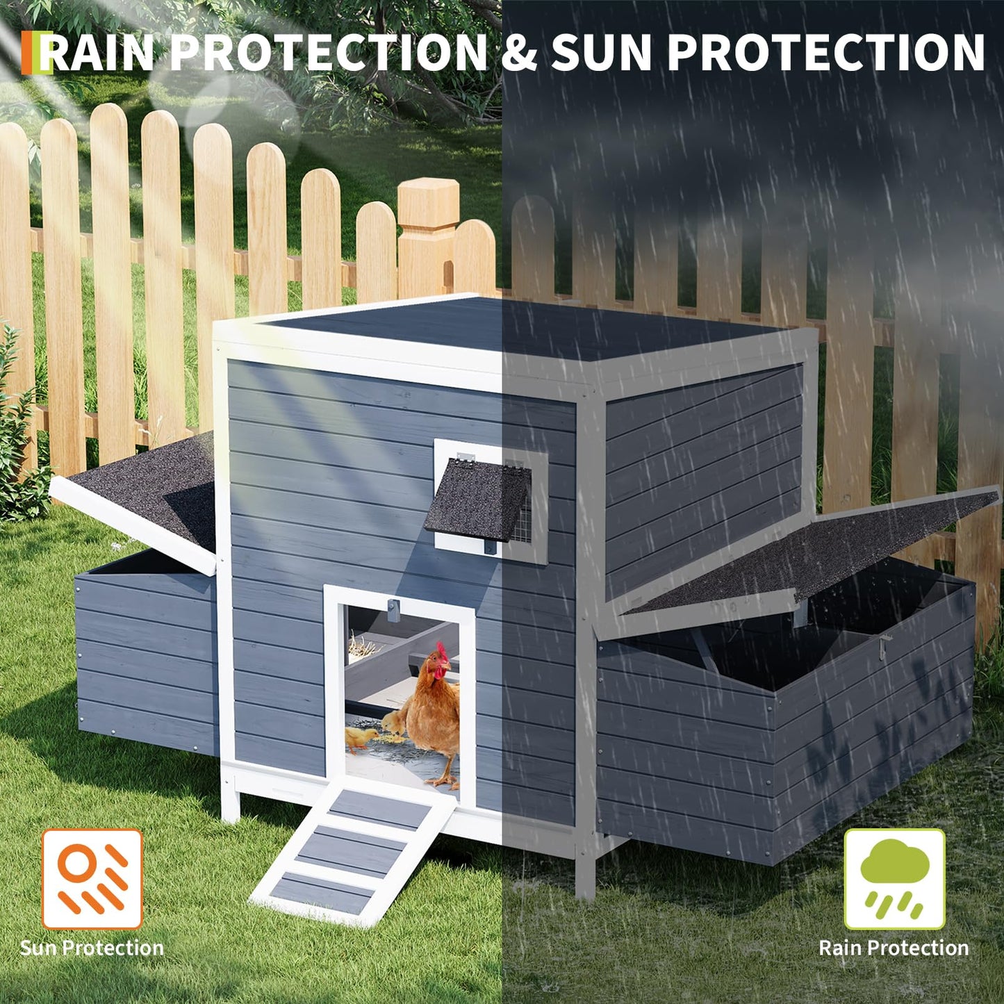 GarveeTech Wooden Chicken Coop with Nesting Boxes & Lockable Doors, Outdoor Chicken House, Weatherproof Roof Pet Cage for Guinea Pig, Rabbit, Duck - 62.2x38.6x38.6 in