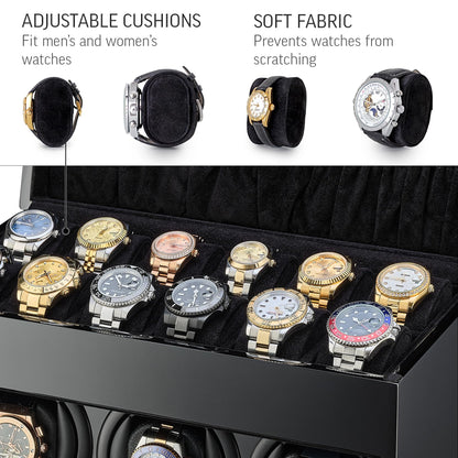 Watch Winder and Storage Box for Winding 3 Automatic Watches and 12 Watch Storage Space (Black+ Black)