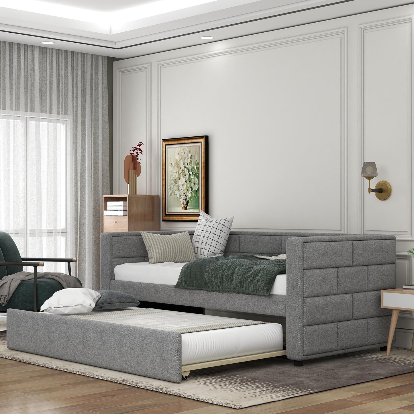 GDFStudio Twin Upholstered Daybed with Trundle, Fabric Daybed Frame with Padded Back and Sides, Pull-Out Sofa Bed for Living Room Bedroom Guest Room, Gray