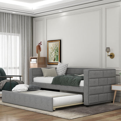 GDFStudio Twin Upholstered Daybed with Trundle, Fabric Daybed Frame with Padded Back and Sides, Pull-Out Sofa Bed for Living Room Bedroom Guest Room, Gray