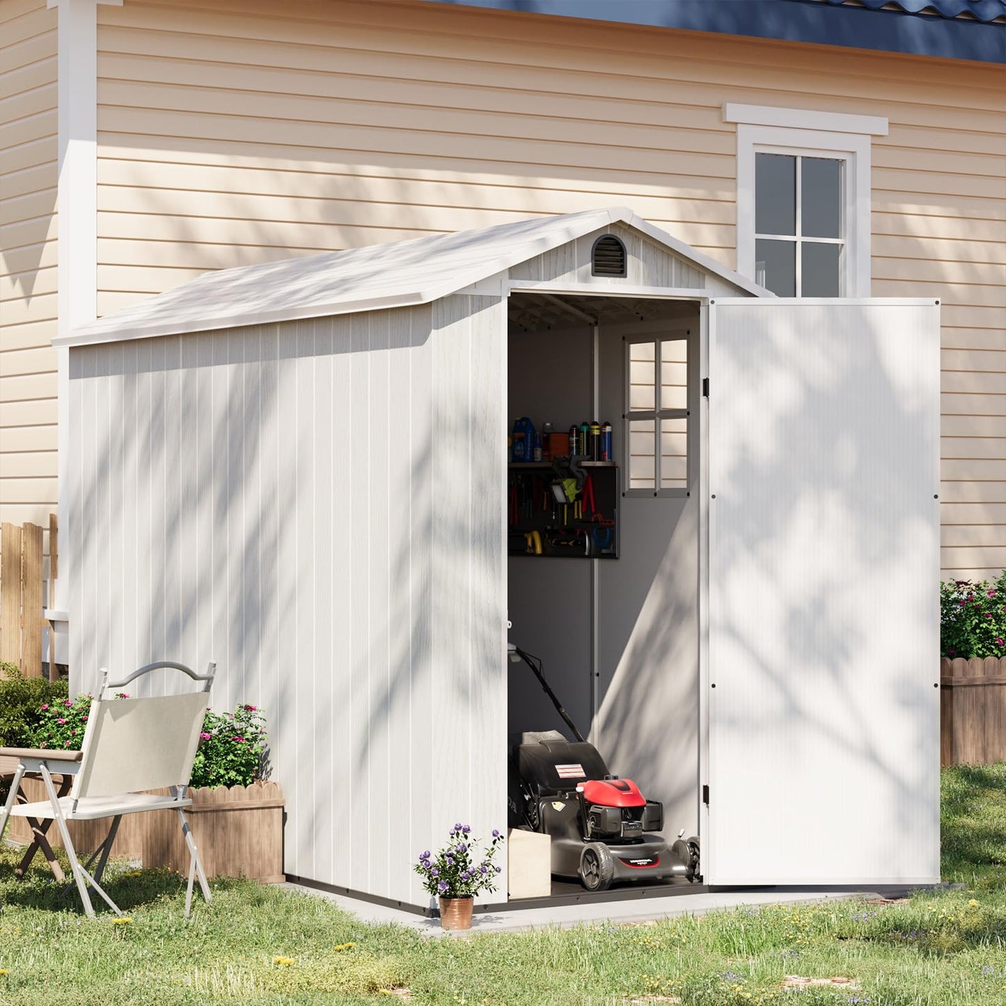 Patiowell 4x8 FT Plastic Outdoor Storage Shed with Floor, Garden Tool Resin Storage Shed with Two Windows and Single Lockable Door for Garden, Backyard, Lawn, Easy to Install, Light