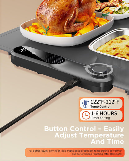 FEPPO Food Warming Mat, (XXL 35”x16”) Electric Warming Trays for Buffets Party, Fast Full-Surface Heating Mat for Food with 19 Level Adjustable Temperature and 6 Hours Timer, Roll Up Food Warmer