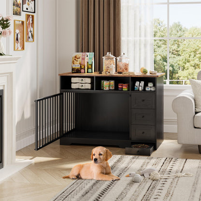 GarveeLife 48'' Dog Crate Furniture, Farmhouse Heavy Duty Dog Kennel with Bowl & Storage Drawers, Medium Dog Cage End Table for Small Medium Dogs, Black