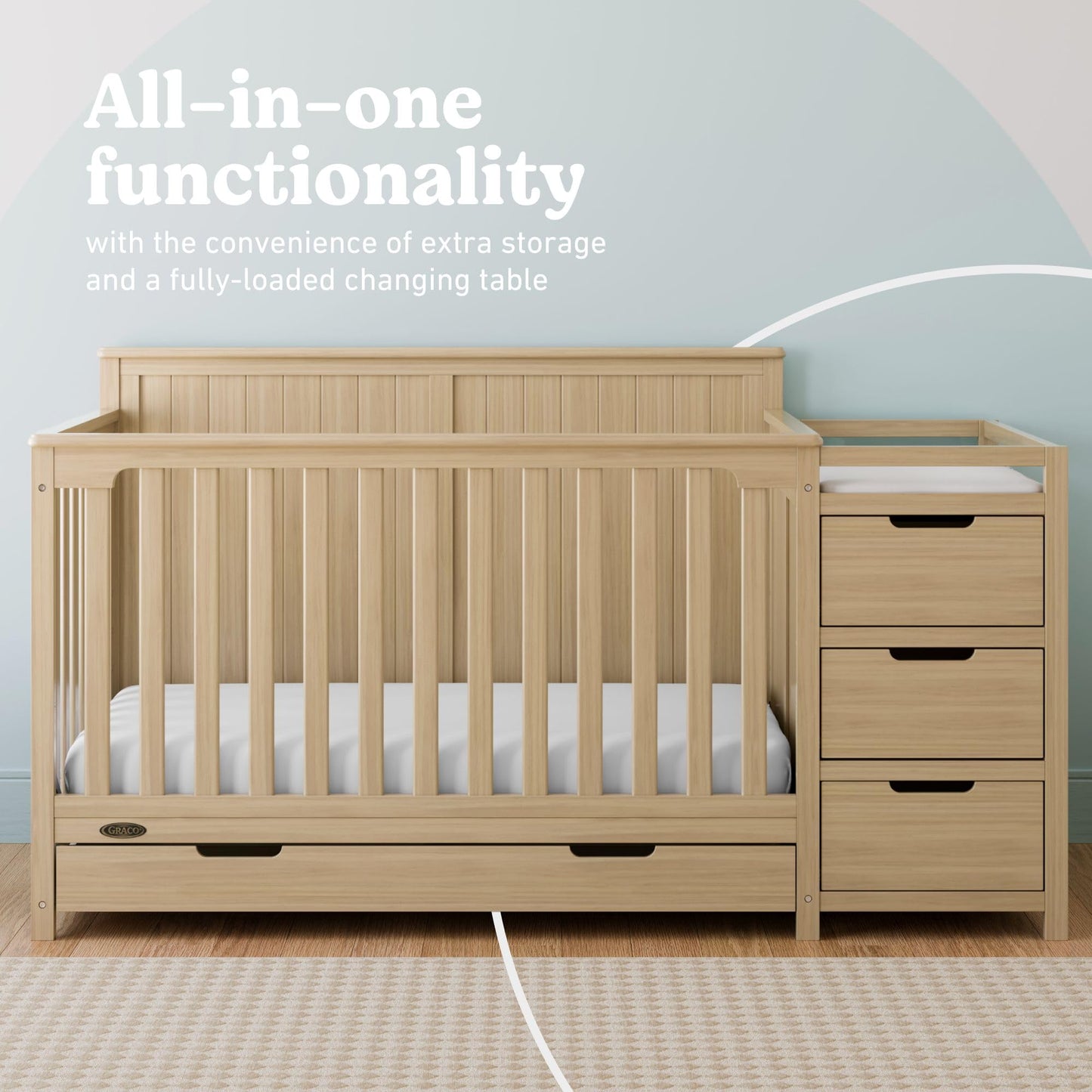 Graco Hadley 5-in-1 Convertible Crib & Changer – GREENGUARD Gold Certified, Fits Standard Crib Mattress, Converts to Toddler Bed and Full Bed, 4 Adjustable Mattress Heights (Driftwood)
