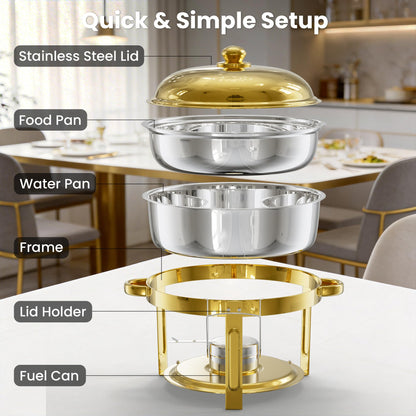 WARMOUNTS 6.5QT Gold Chafing Dishes for Buffet 6 Pack, Stainless Steel Round Chafers and Buffet Warmers Sets with Lid Holder, Rolled Rim Process, Stackable Design, for Catering, Parties, Weddings