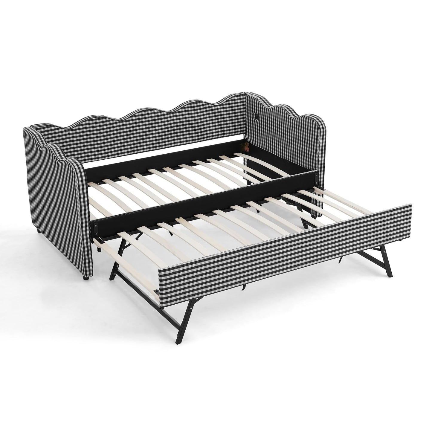 PVWIIK Twin Size Upholstered DayBed with Trundle and USB for Adult,Kids,Bedroom,BedFrame w/Linen Adorable Wave Shaped, Black