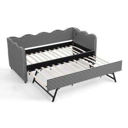 PVWIIK Twin Size Upholstered DayBed with Trundle and USB for Adult,Kids,Bedroom,BedFrame w/Linen Adorable Wave Shaped, Black